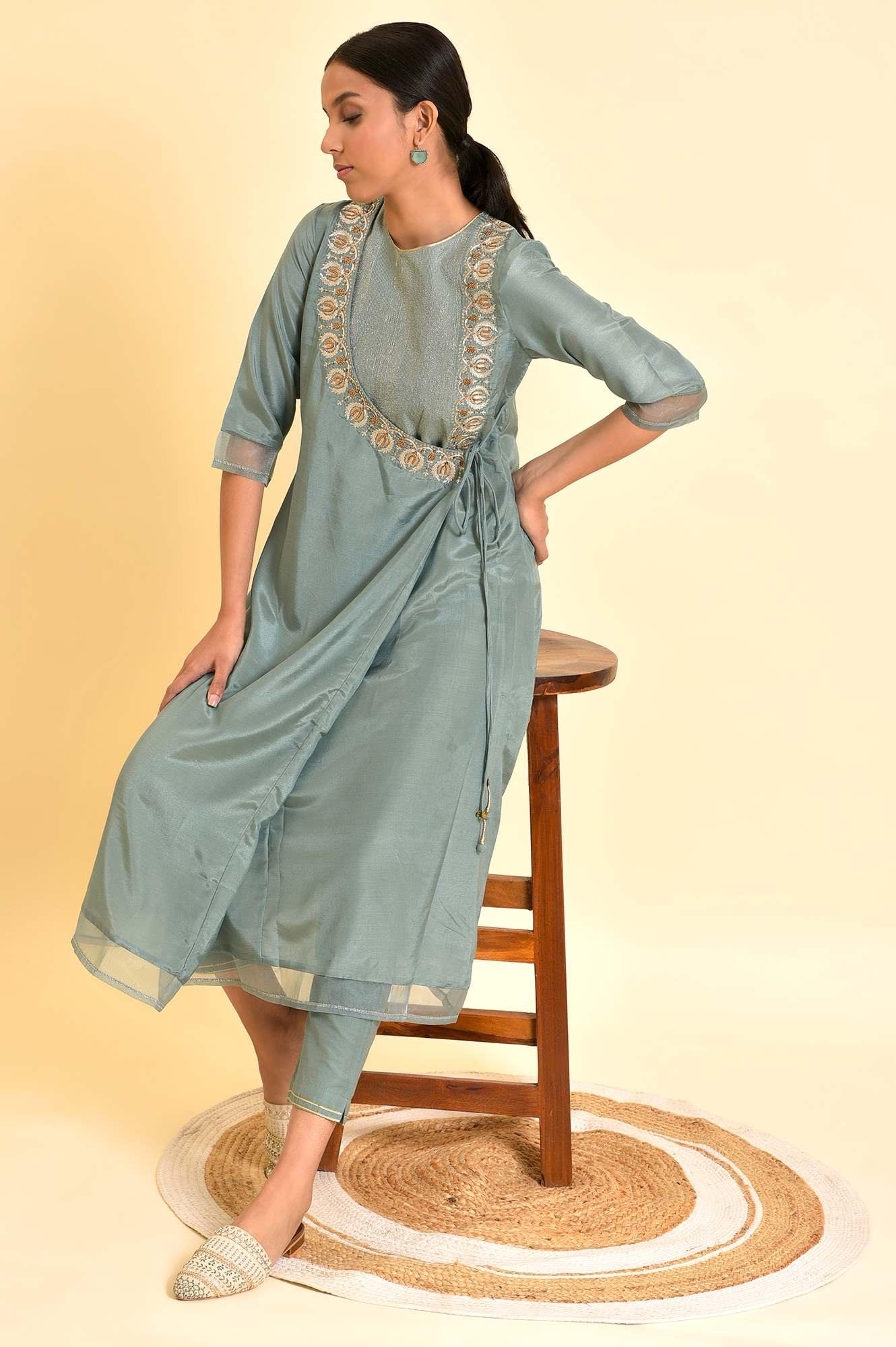 Sage Green Angrakha Kurta And Pants Set - wforwoman