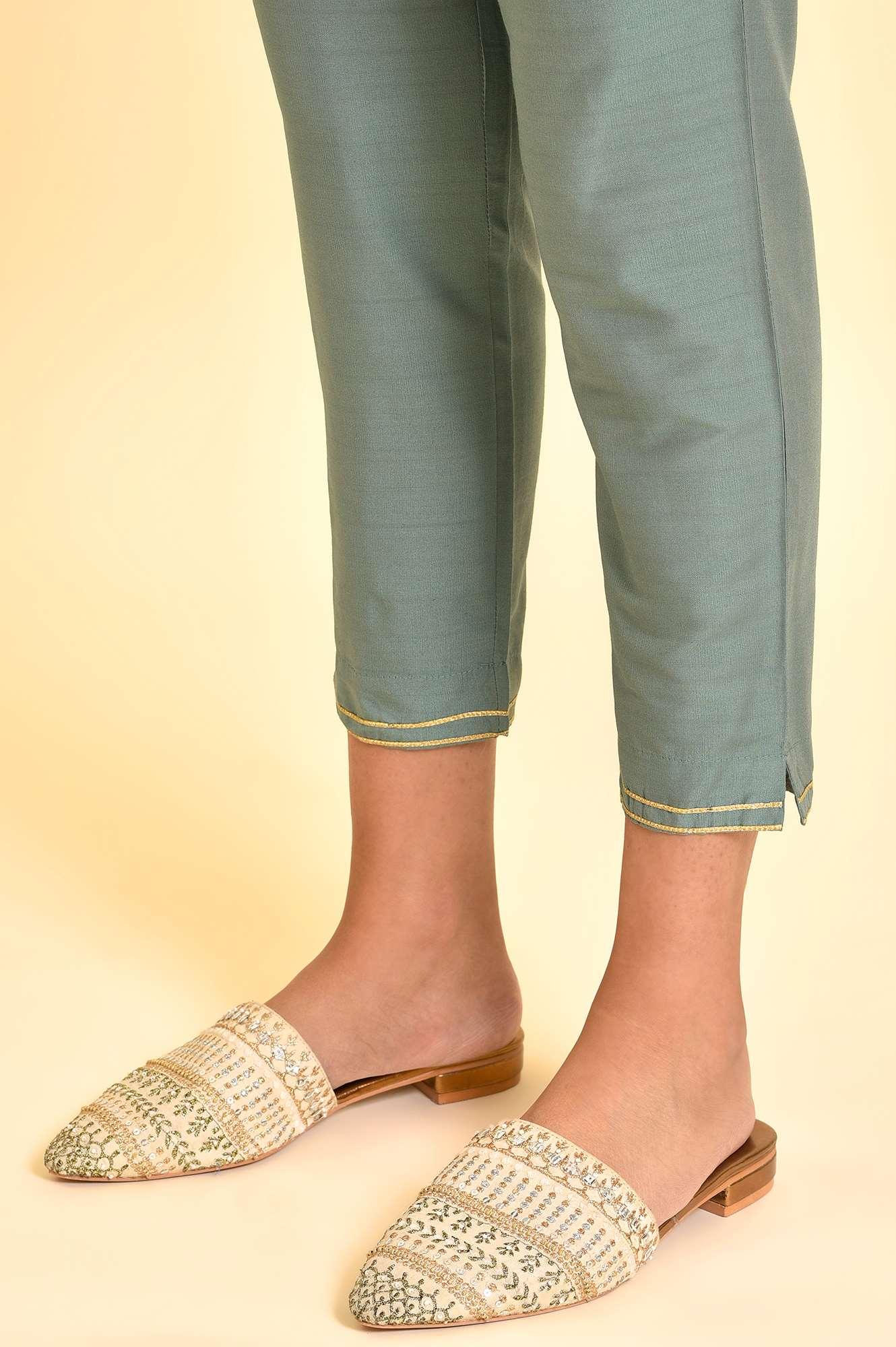 Sage Green Angrakha Kurta And Pants Set - wforwoman