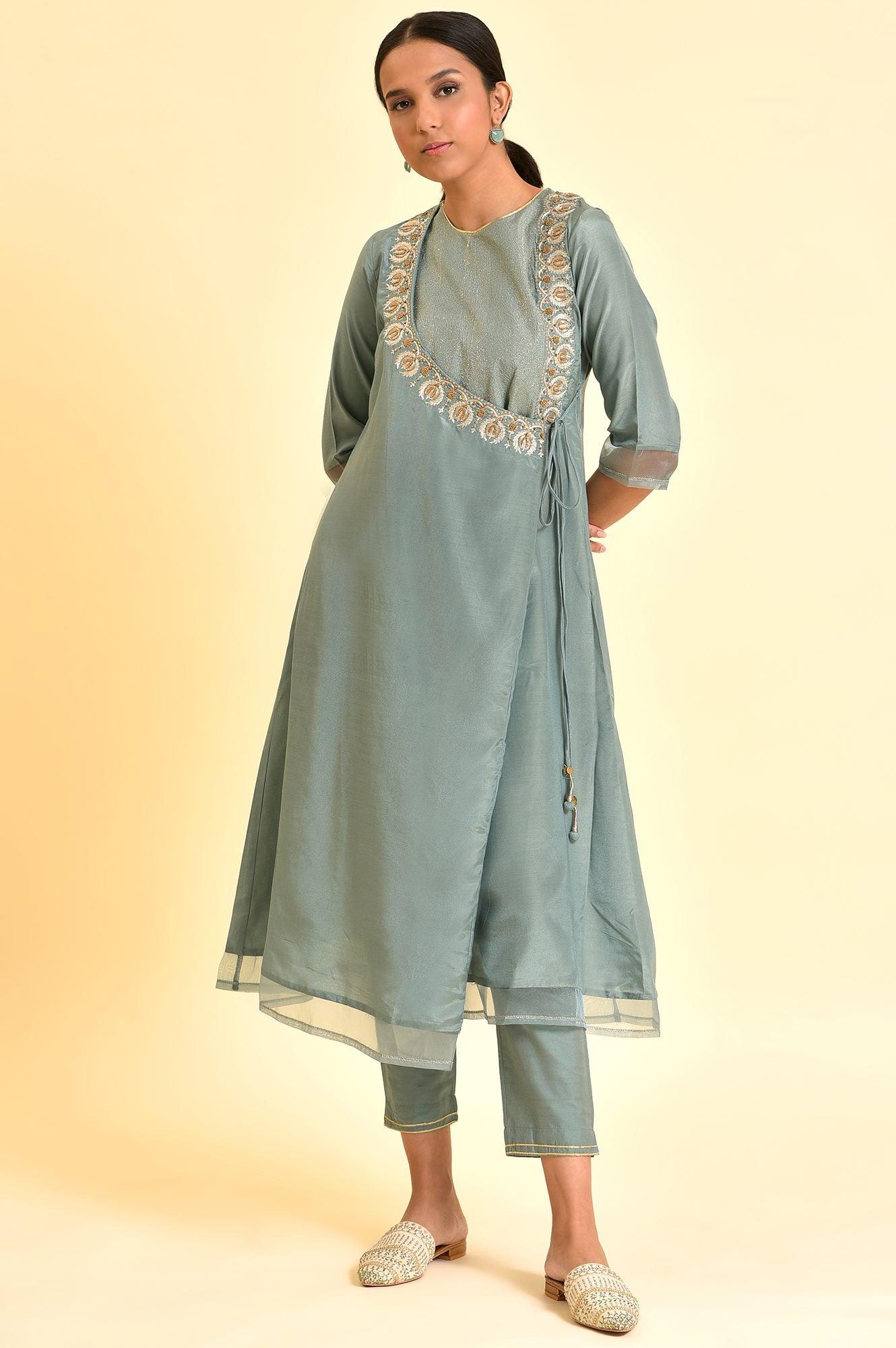 Sage Green Angrakha Kurta And Pants Set - wforwoman