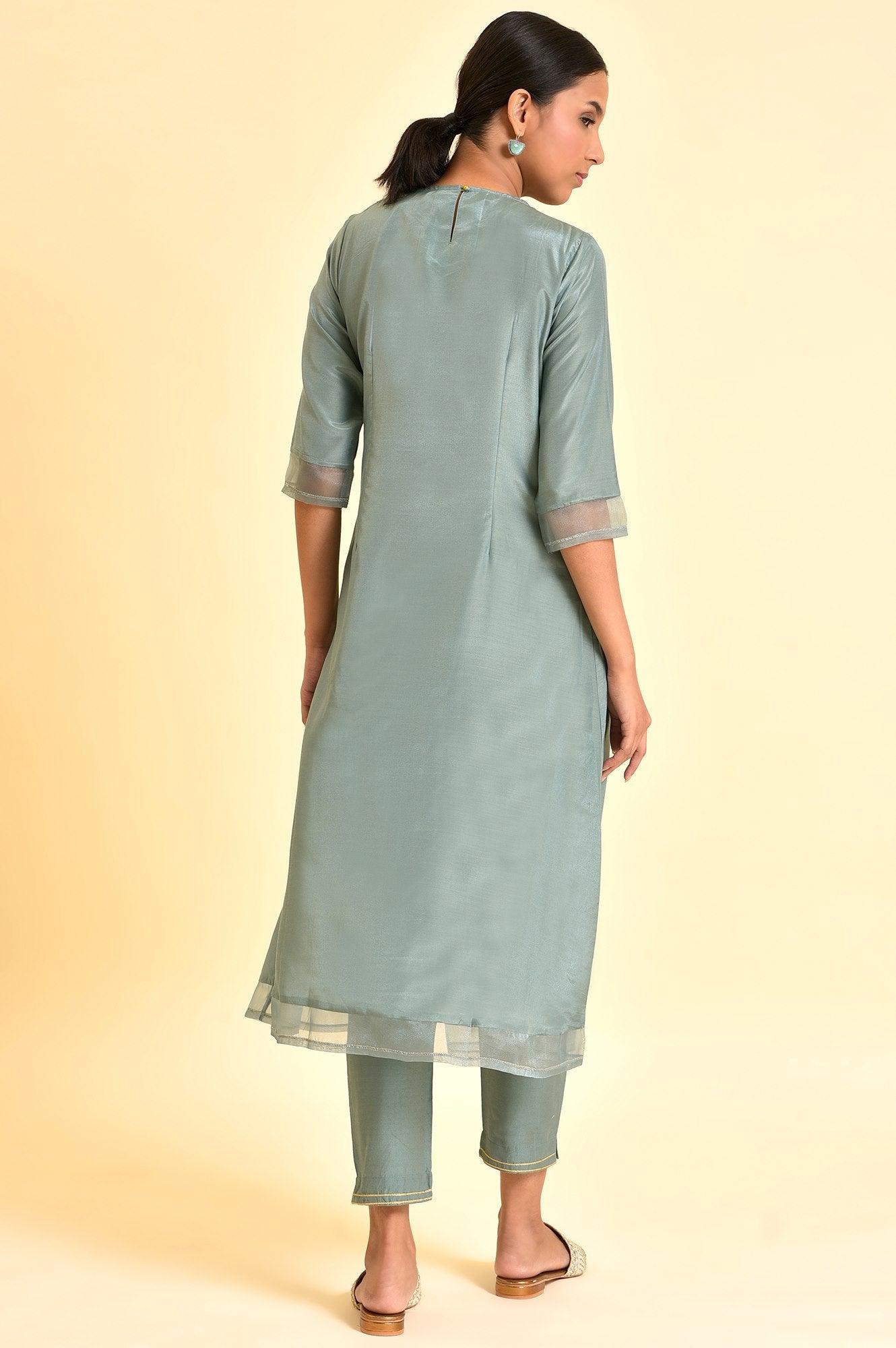 Sage Green Angrakha Kurta And Pants Set - wforwoman