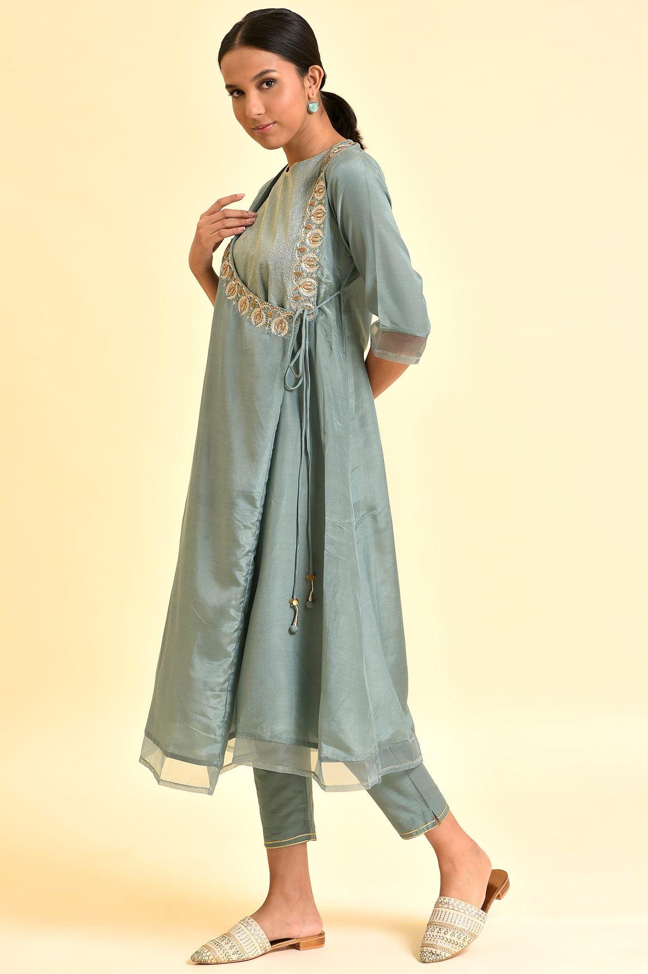 Sage Green Angrakha Kurta And Pants Set - wforwoman