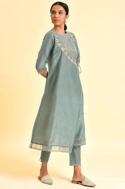 Sage Green Angrakha Kurta And Pants Set - wforwoman