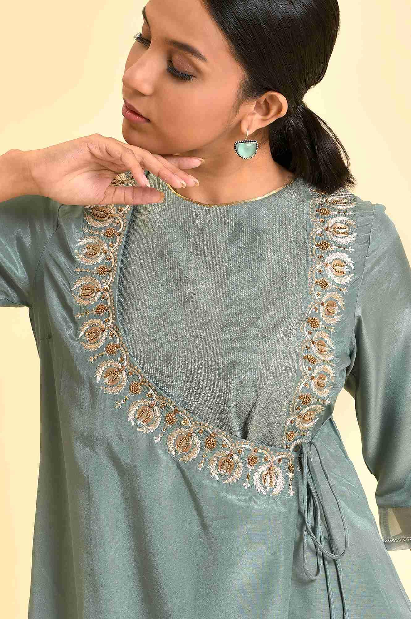 Sage Green Angrakha Kurta And Pants Set - wforwoman