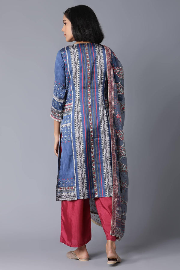 Blue Printed kurta, Parallel Pants and Dupatta Set
