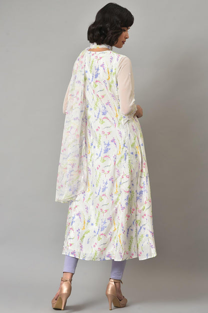 Ecru Printed Round Neck kurta With Tights And Dupatta - wforwoman