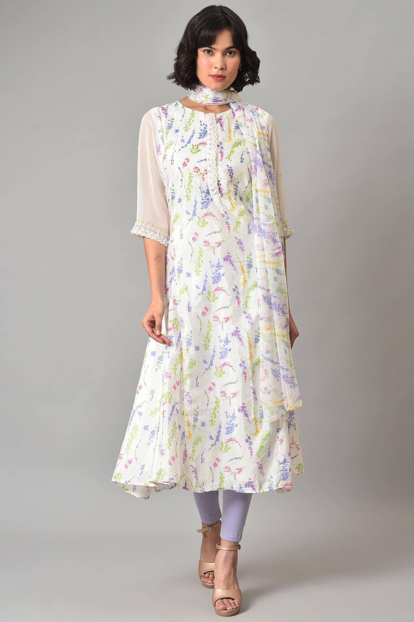 Ecru Printed Round Neck kurta With Tights And Dupatta - wforwoman