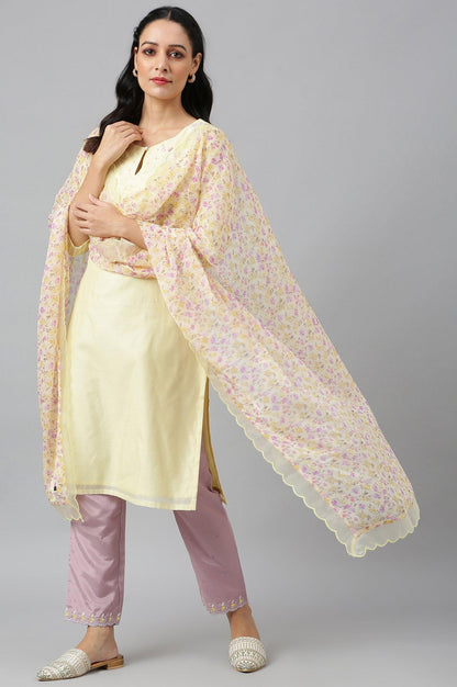 Lemon Yellow Embroidered Chanderi kurta With Slim Pants And Dupatta - wforwoman