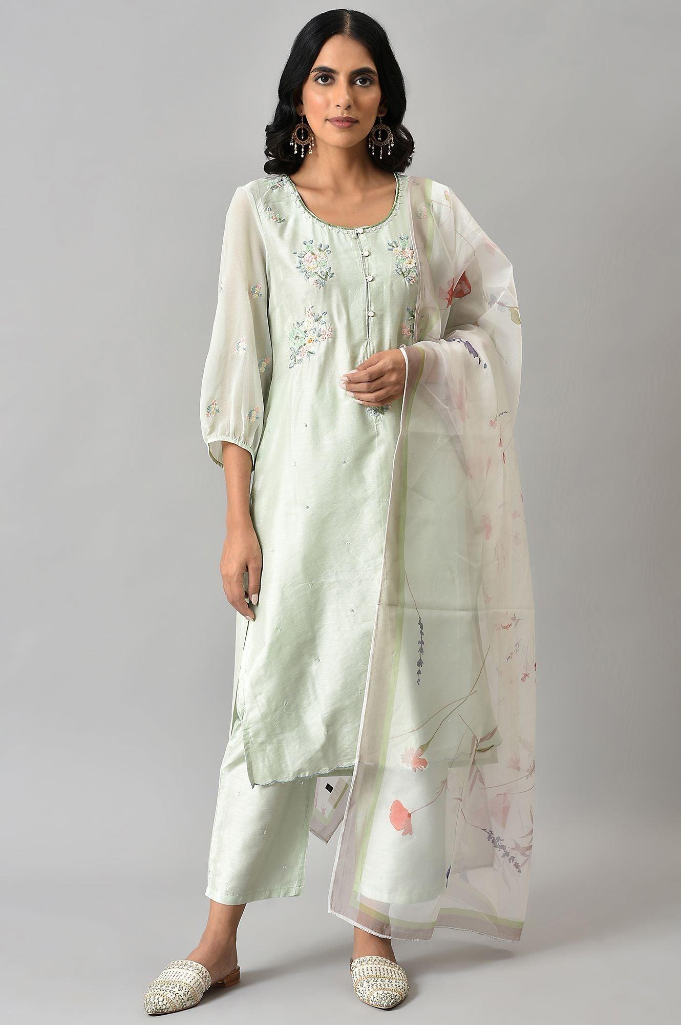 Light Green Embroidered Round Neck kurta With Slim Pants And Dupatta - wforwoman