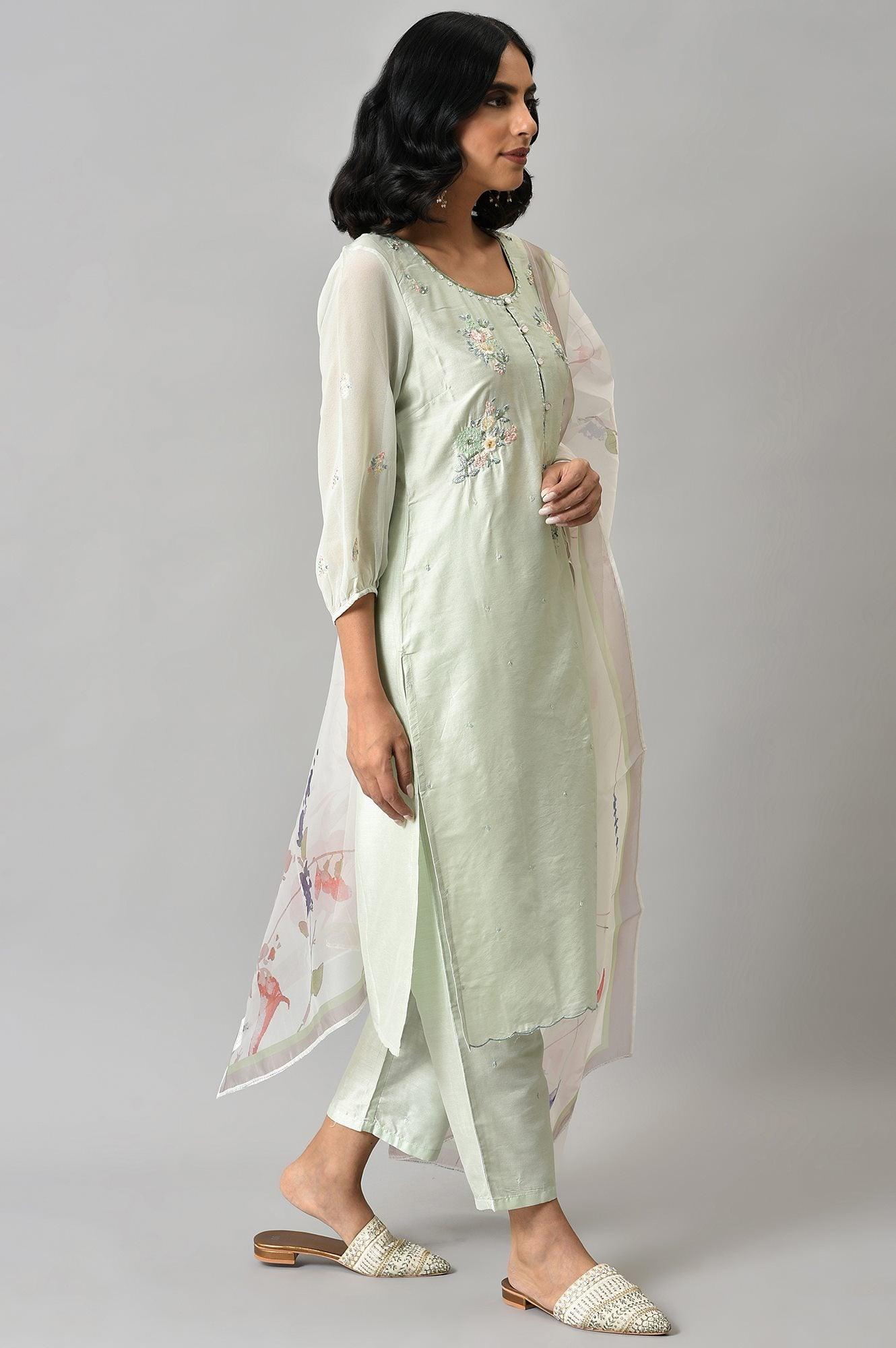 Light Green Embroidered Round Neck kurta With Slim Pants And Dupatta - wforwoman