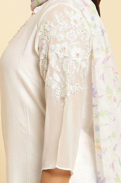 Ecru Embroidered kurta With Printed Slim Pants And Dupatta