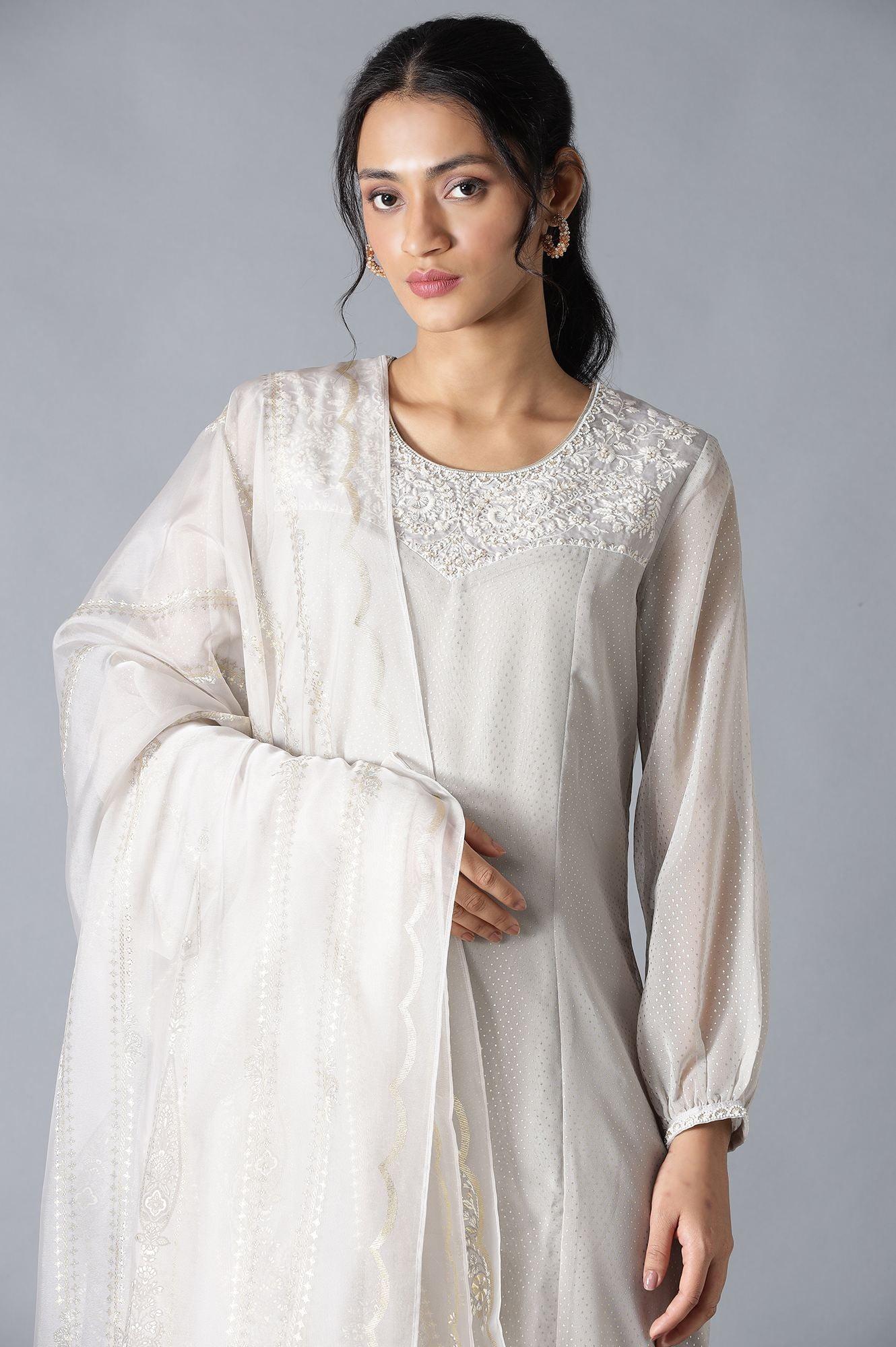 Grey Embroidered kurta With Parallel Pants And Dupatta - wforwoman