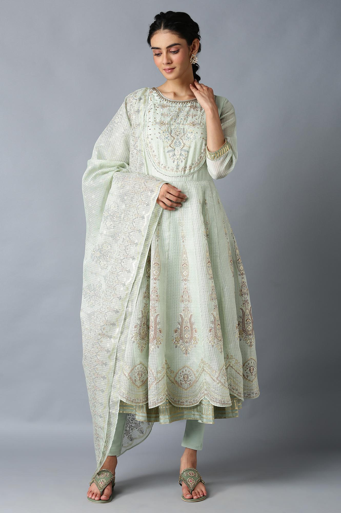 Light Green Heavy Festive Kota Anarkali kurta Set - wforwoman