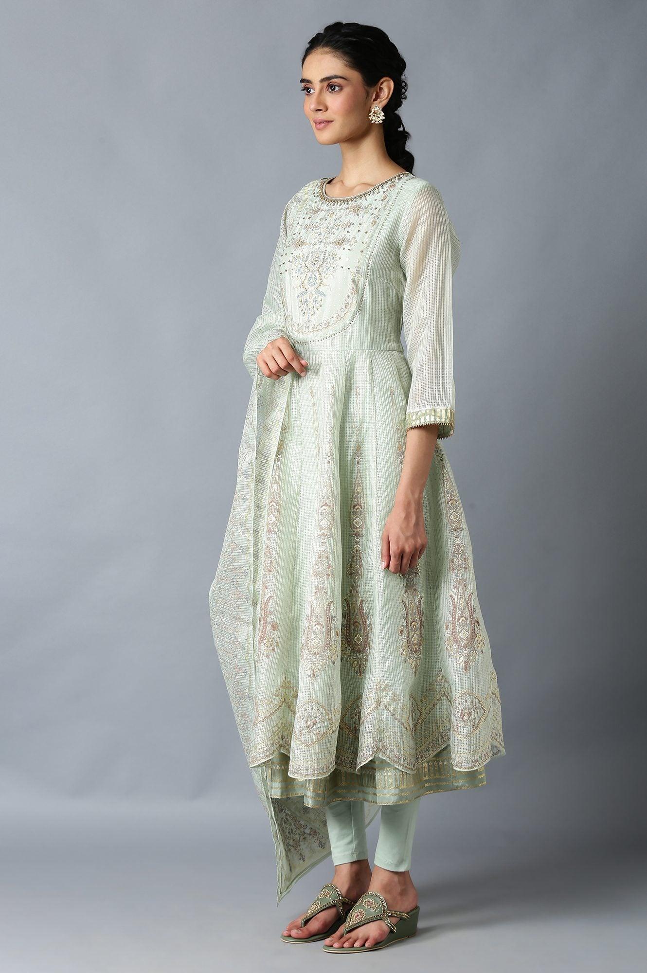 Light Green Heavy Festive Kota Anarkali kurta Set - wforwoman