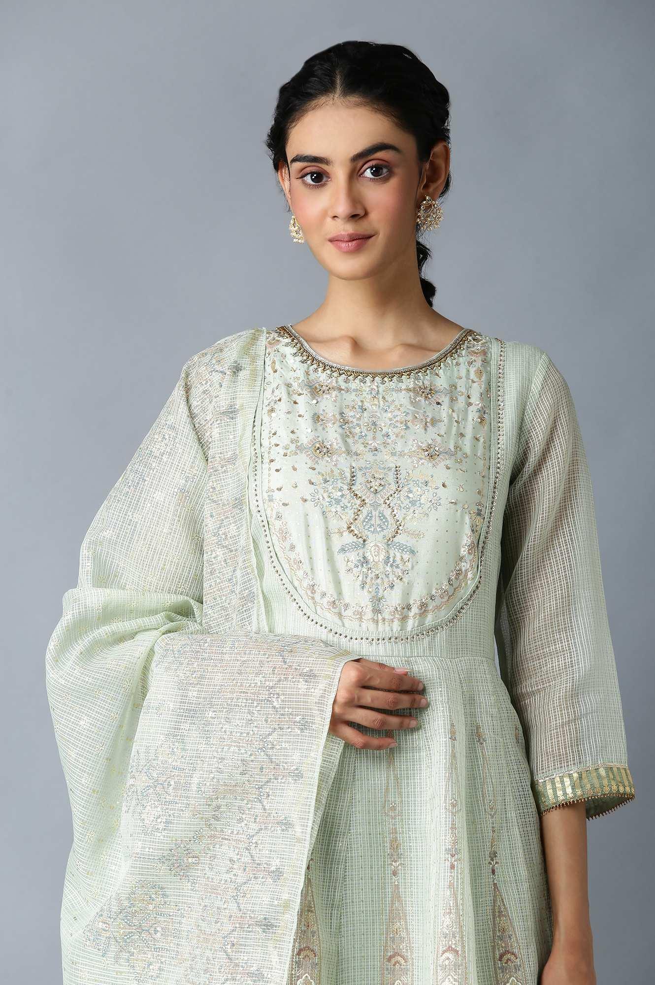 Light Green Heavy Festive Kota Anarkali kurta Set - wforwoman