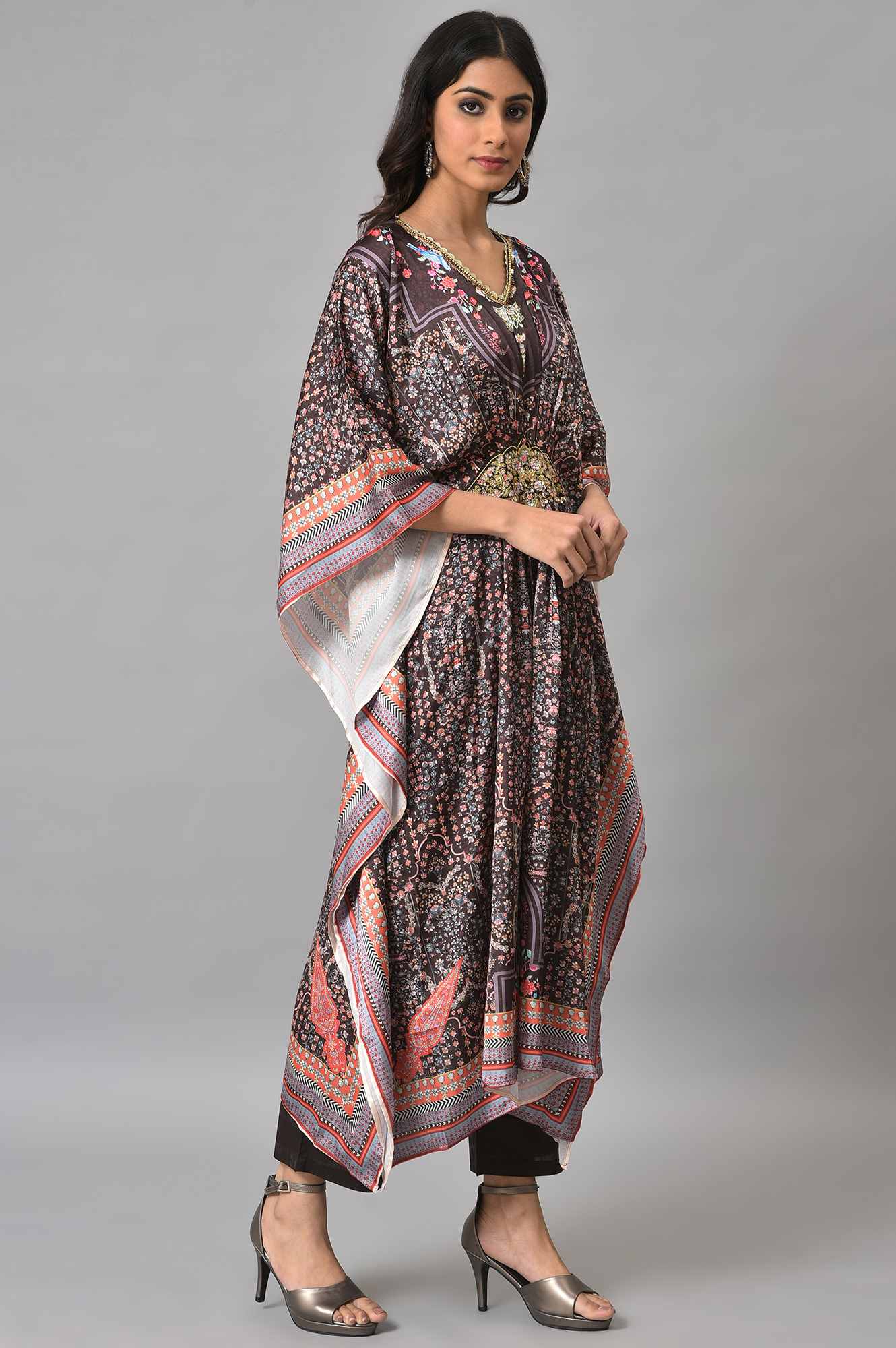 Brown Printed Kafta And Pants Set