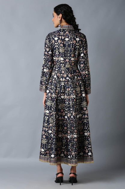 Dark Blue And Grey Mock Layered Floral Printed Dress - wforwoman