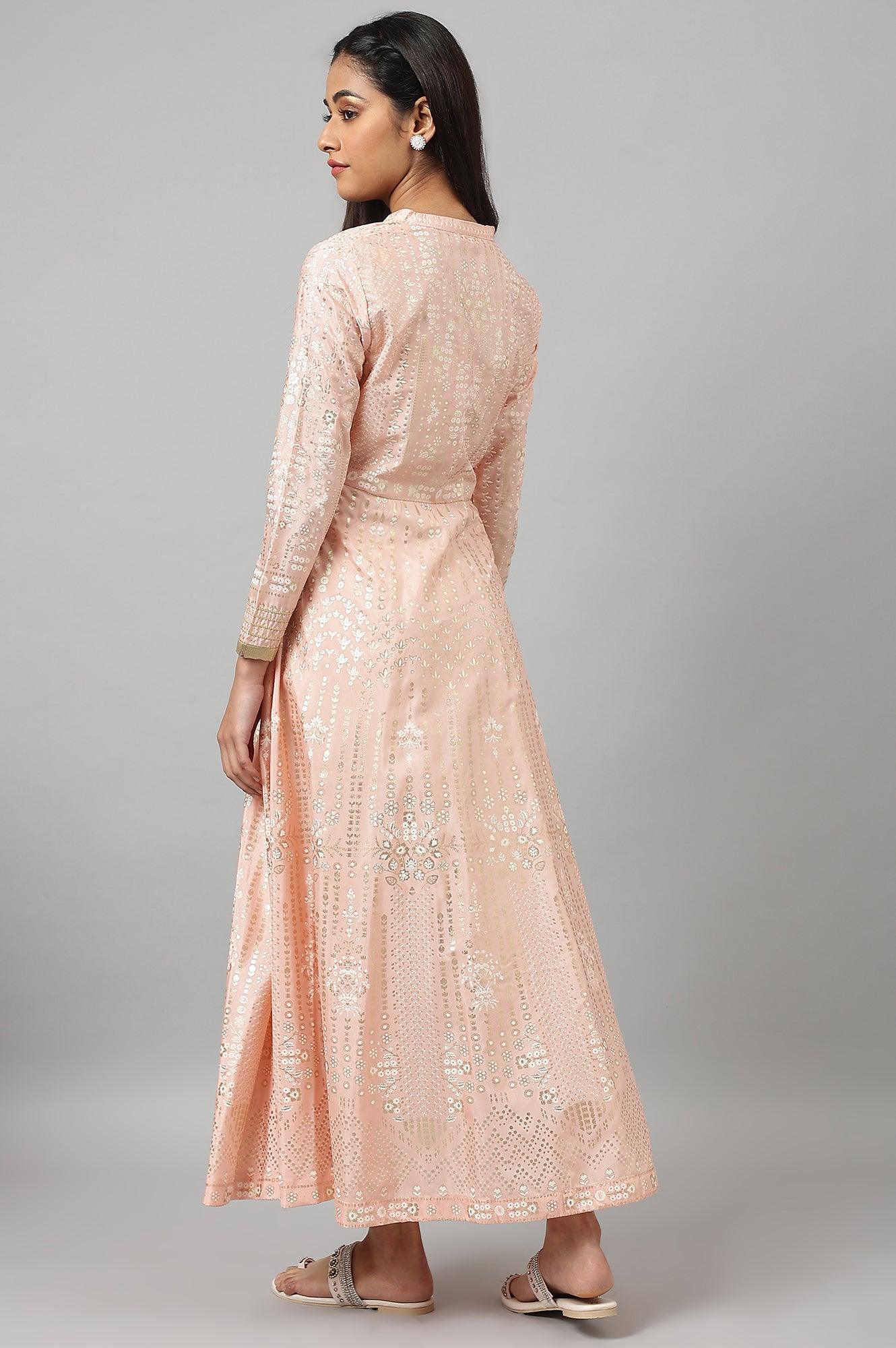 Light Pink Placement Print Flared Dress - wforwoman