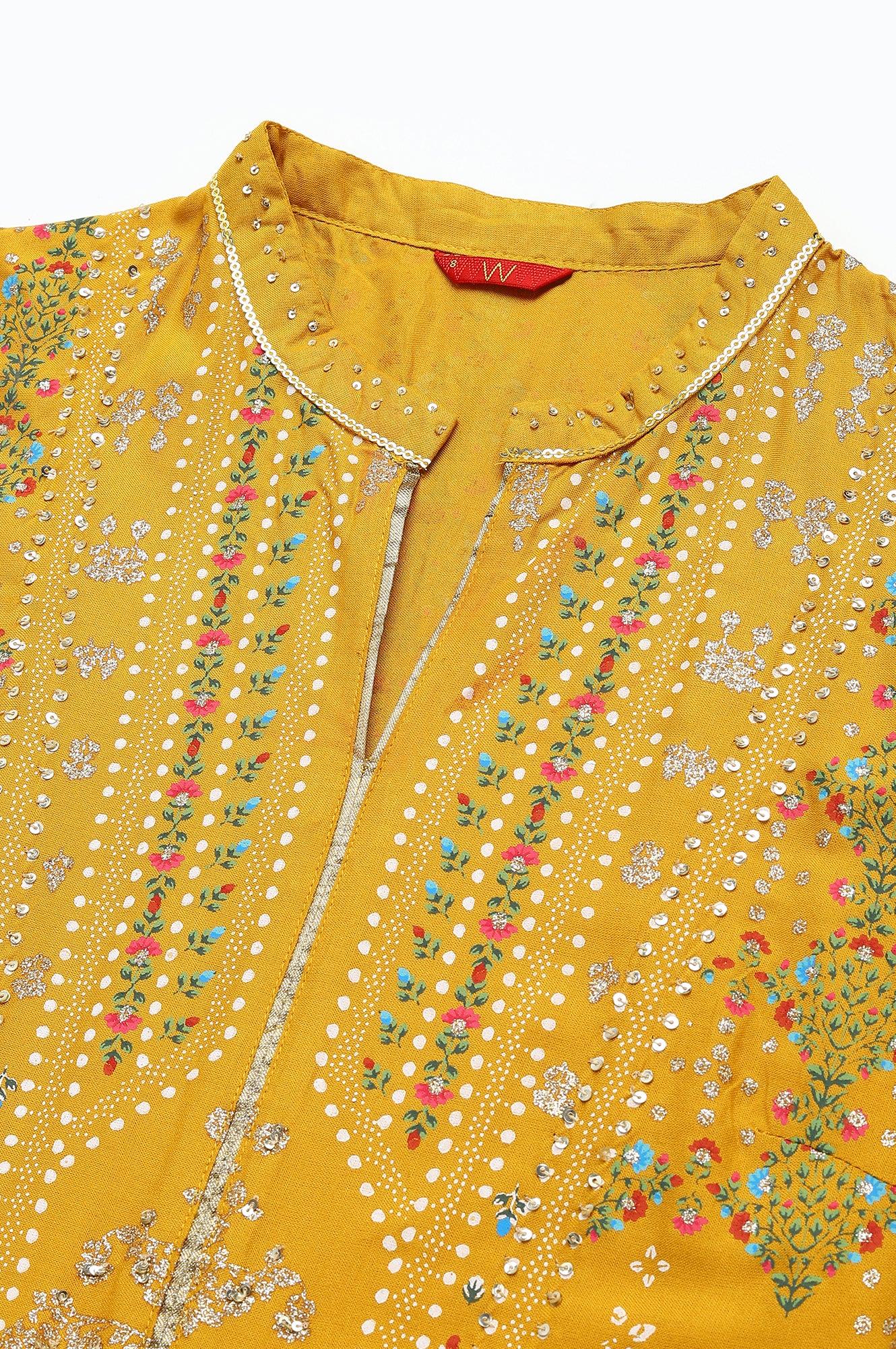 Mustard Yellow Kalidar Printed Dress - wforwoman