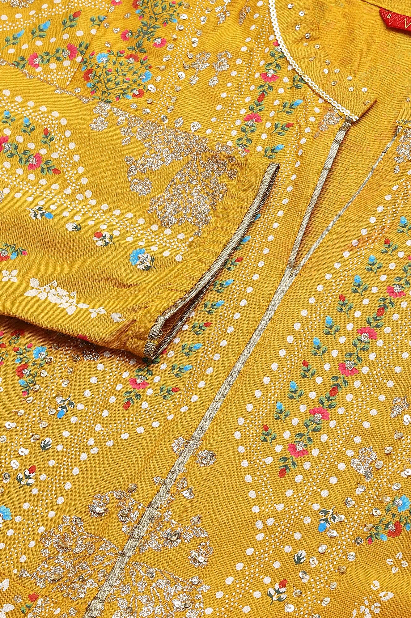 Mustard Yellow Kalidar Printed Dress - wforwoman