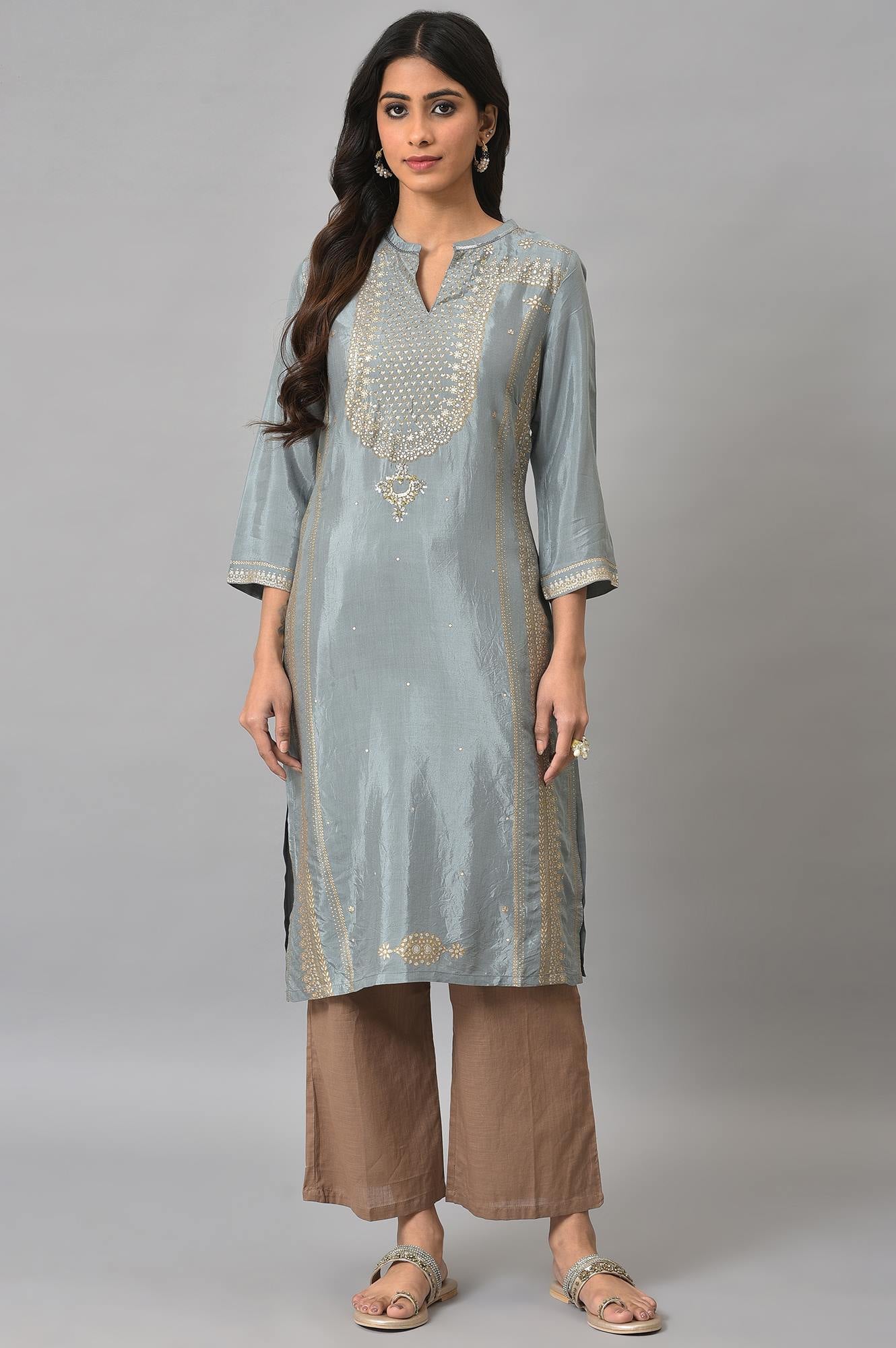 Blue Khadi Print kurta with Sequin