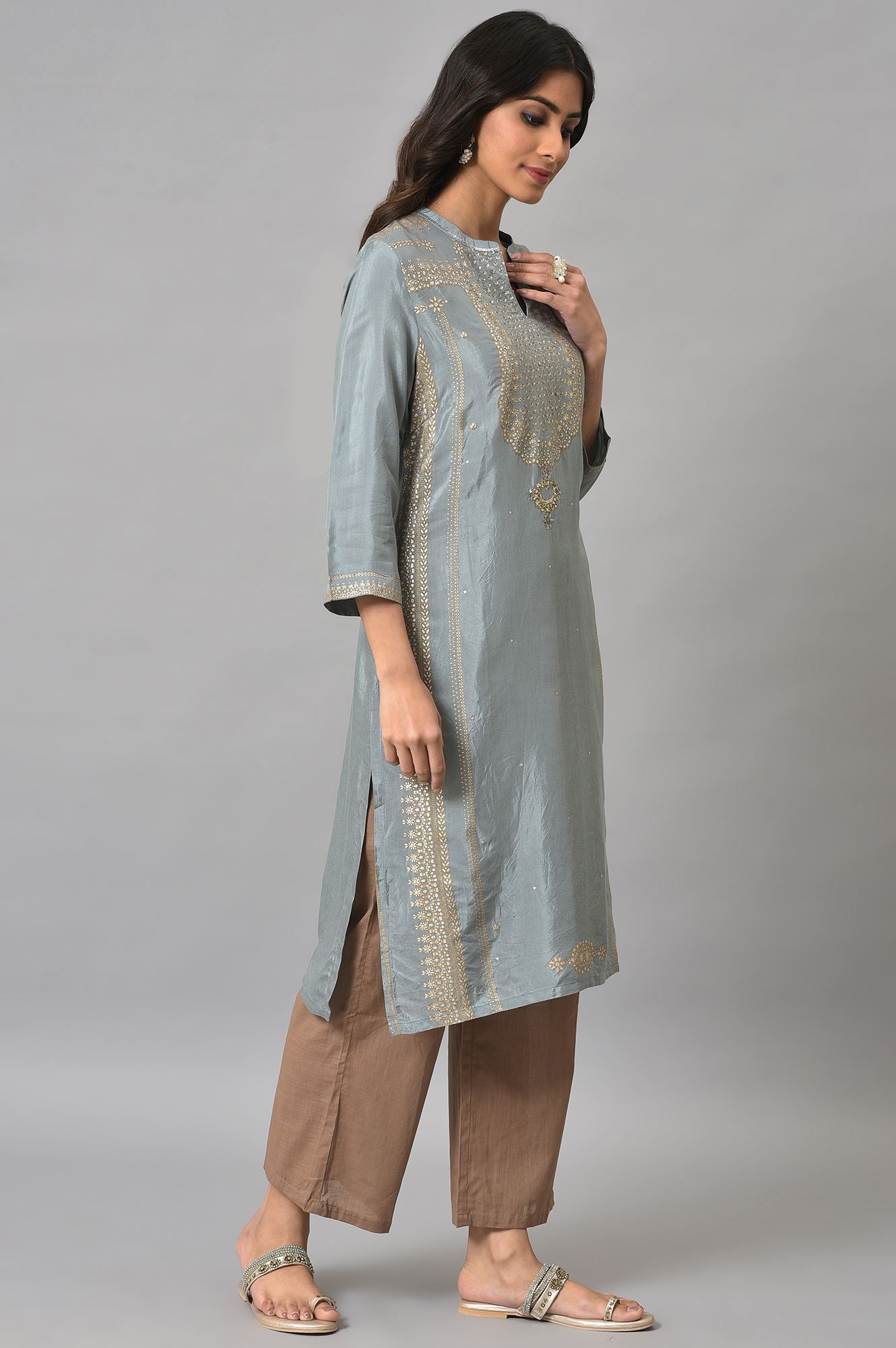 Blue Khadi Print kurta with Sequin