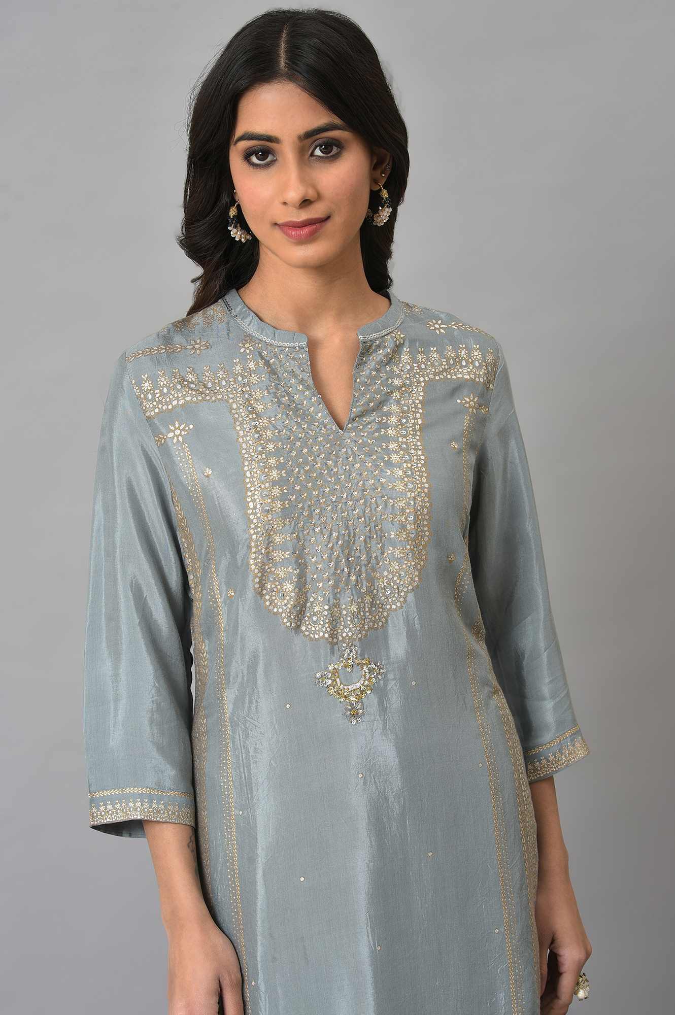 Blue Khadi Print kurta with Sequin