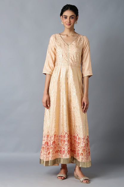 Peach Floral Printed Long Flared Dress