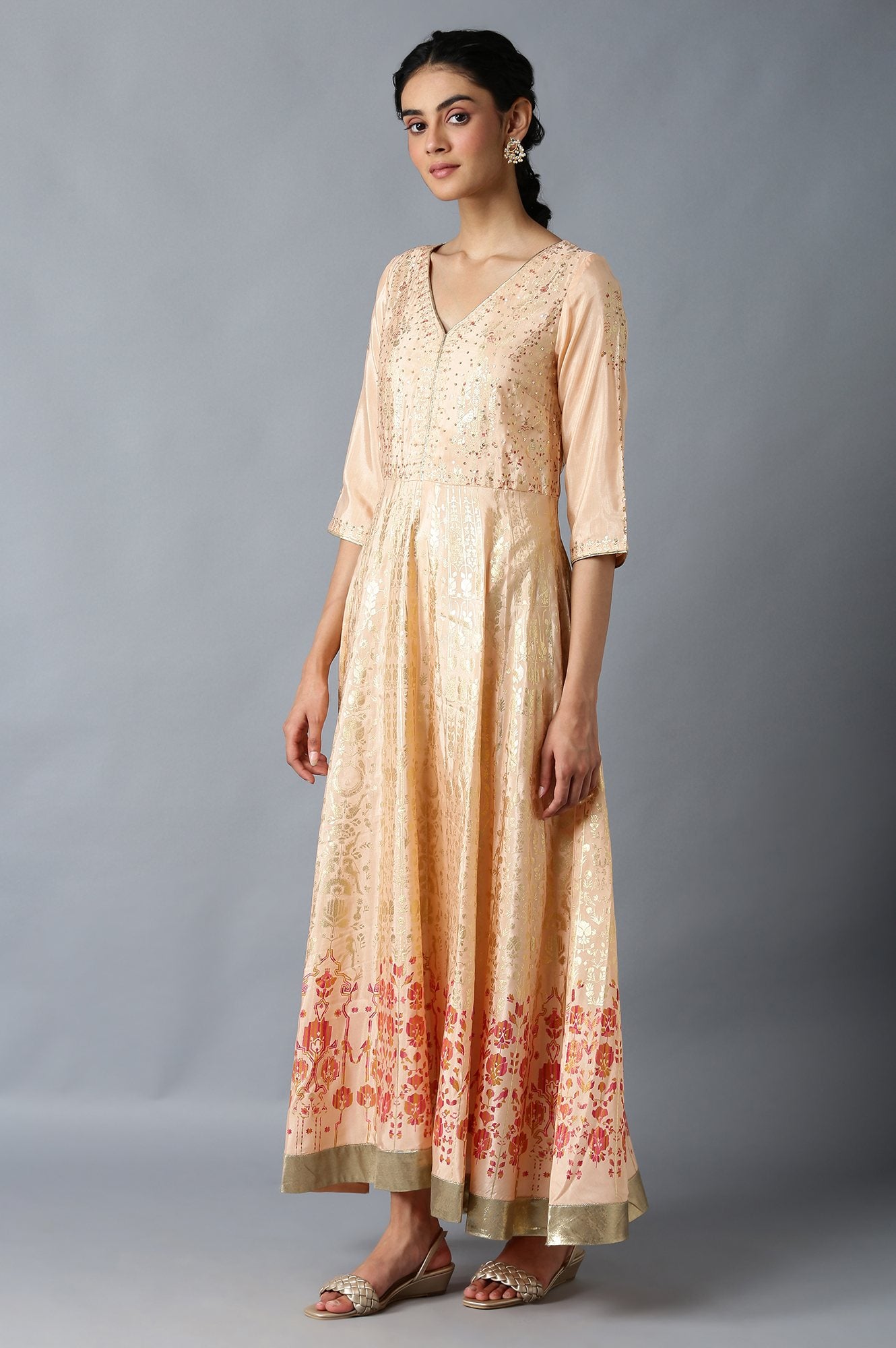 Peach Floral Printed Long Flared Dress