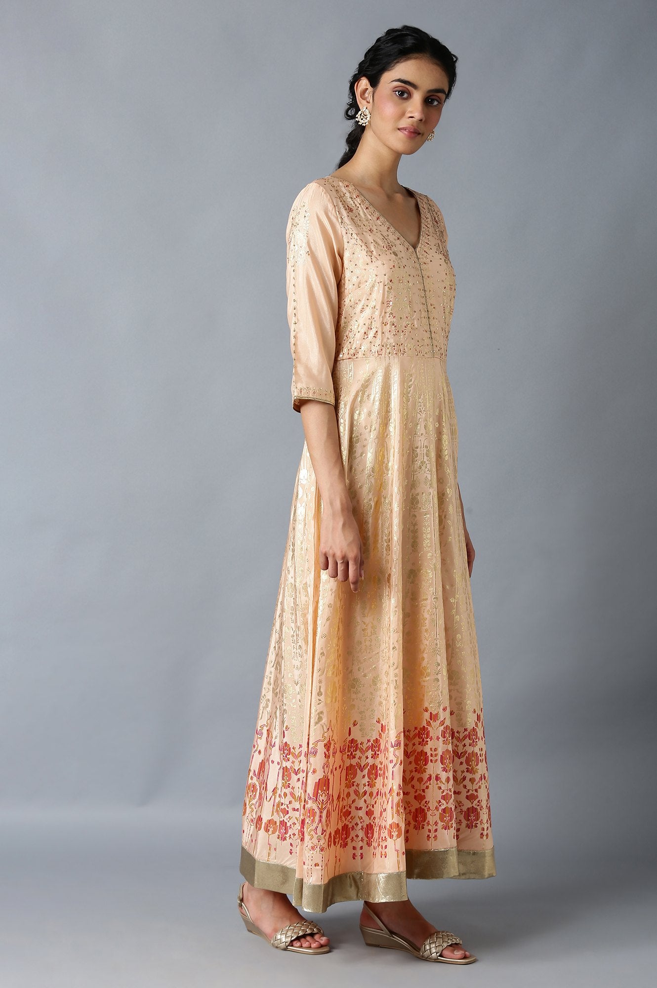 Peach Floral Printed Long Flared Dress