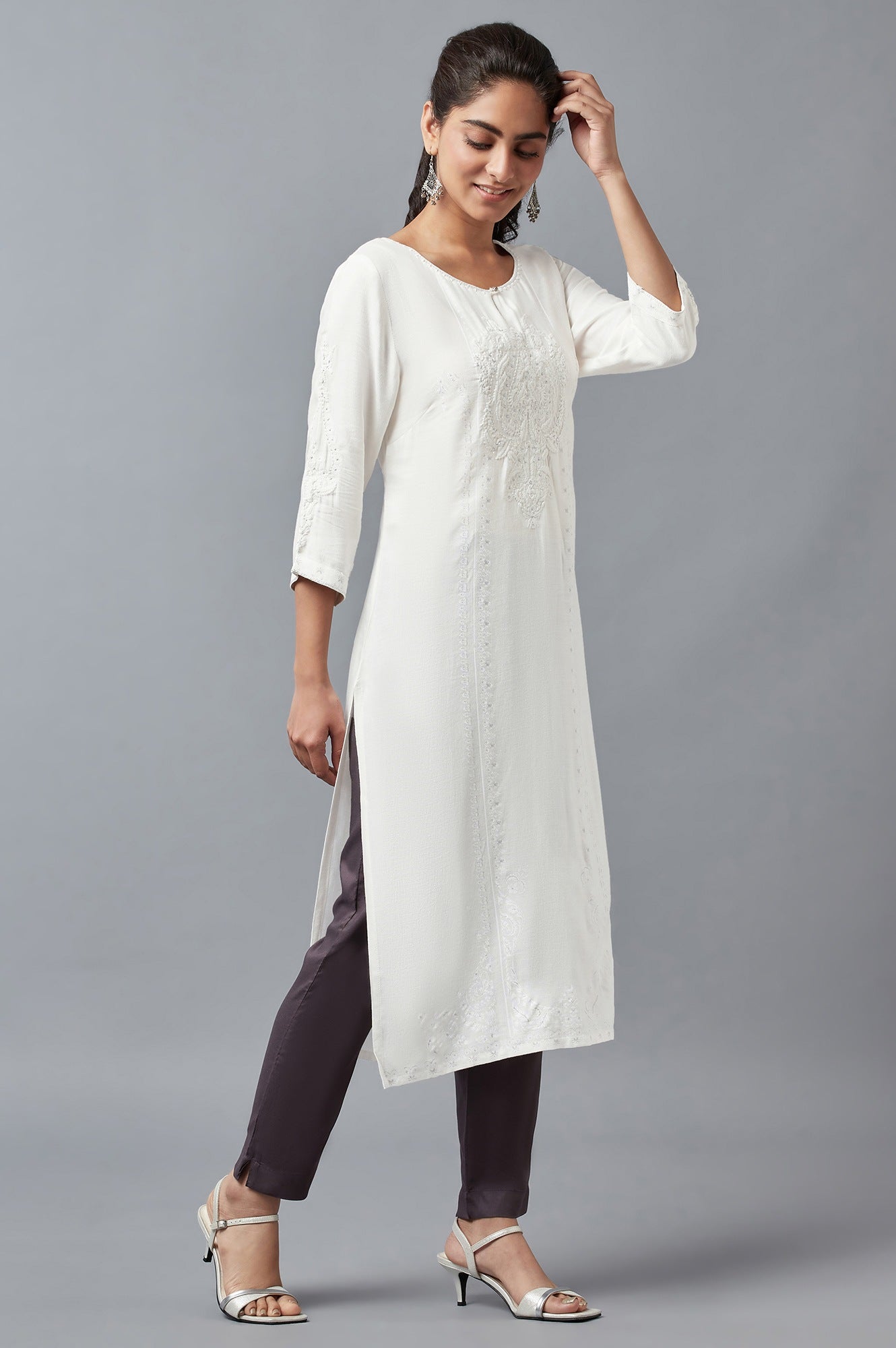 Ecru Printed kurta with Embroidery