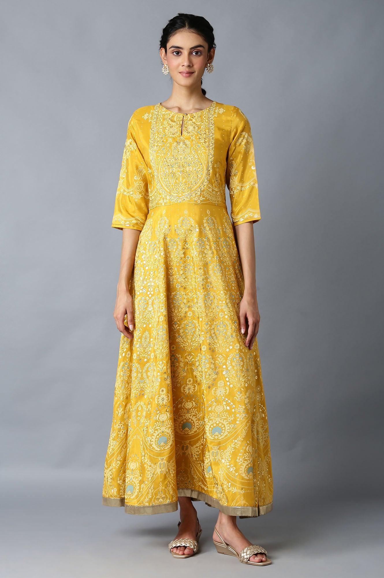 Golden Orange Floral Print Indie Dress - wforwoman