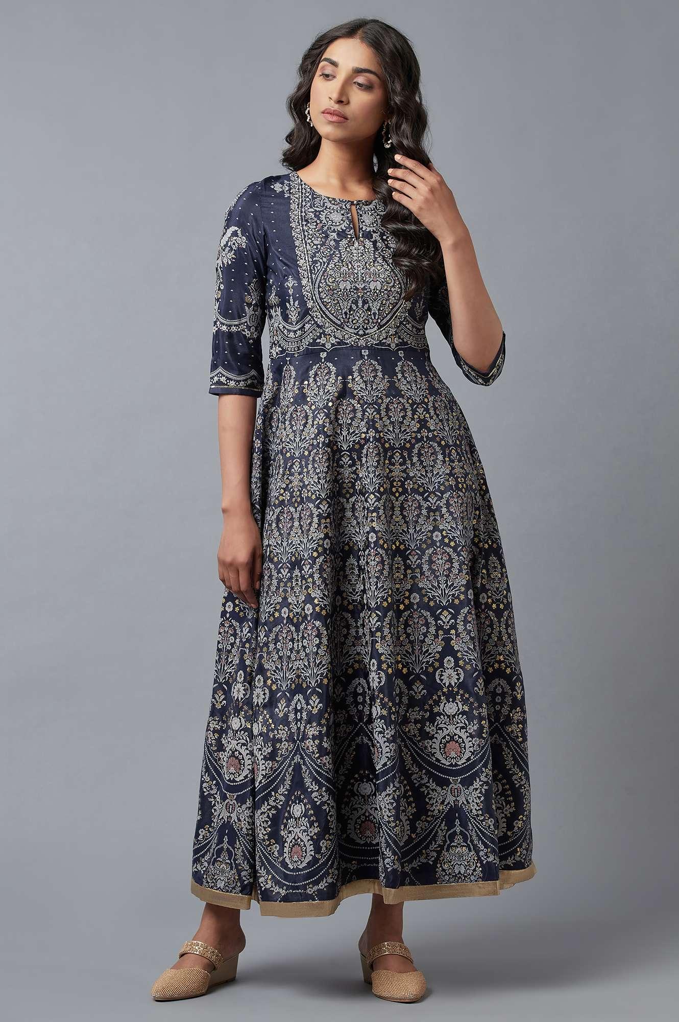 Dark Blue Floral Print Indie Dress - wforwoman
