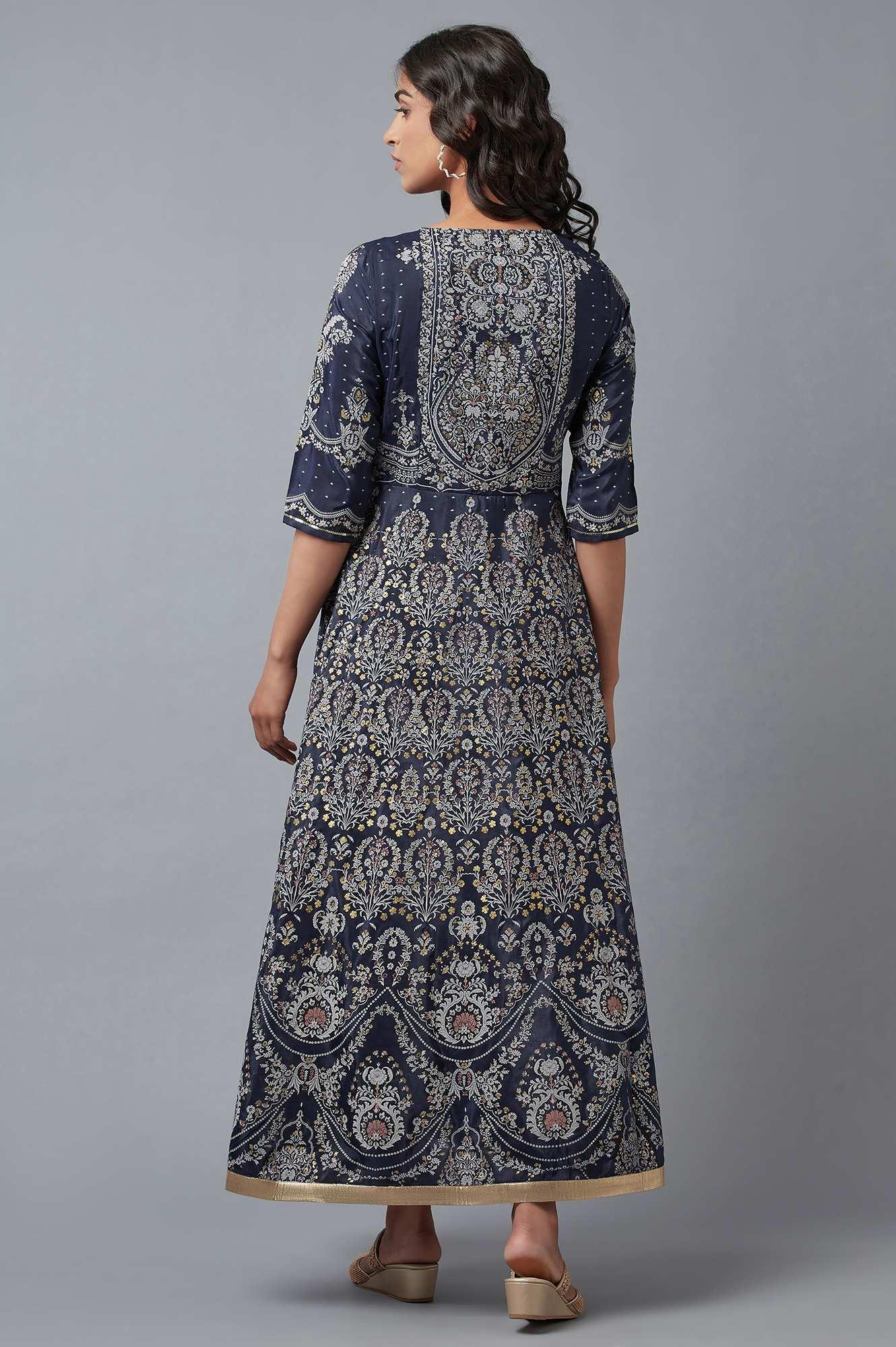 Dark Blue Floral Print Indie Dress - wforwoman