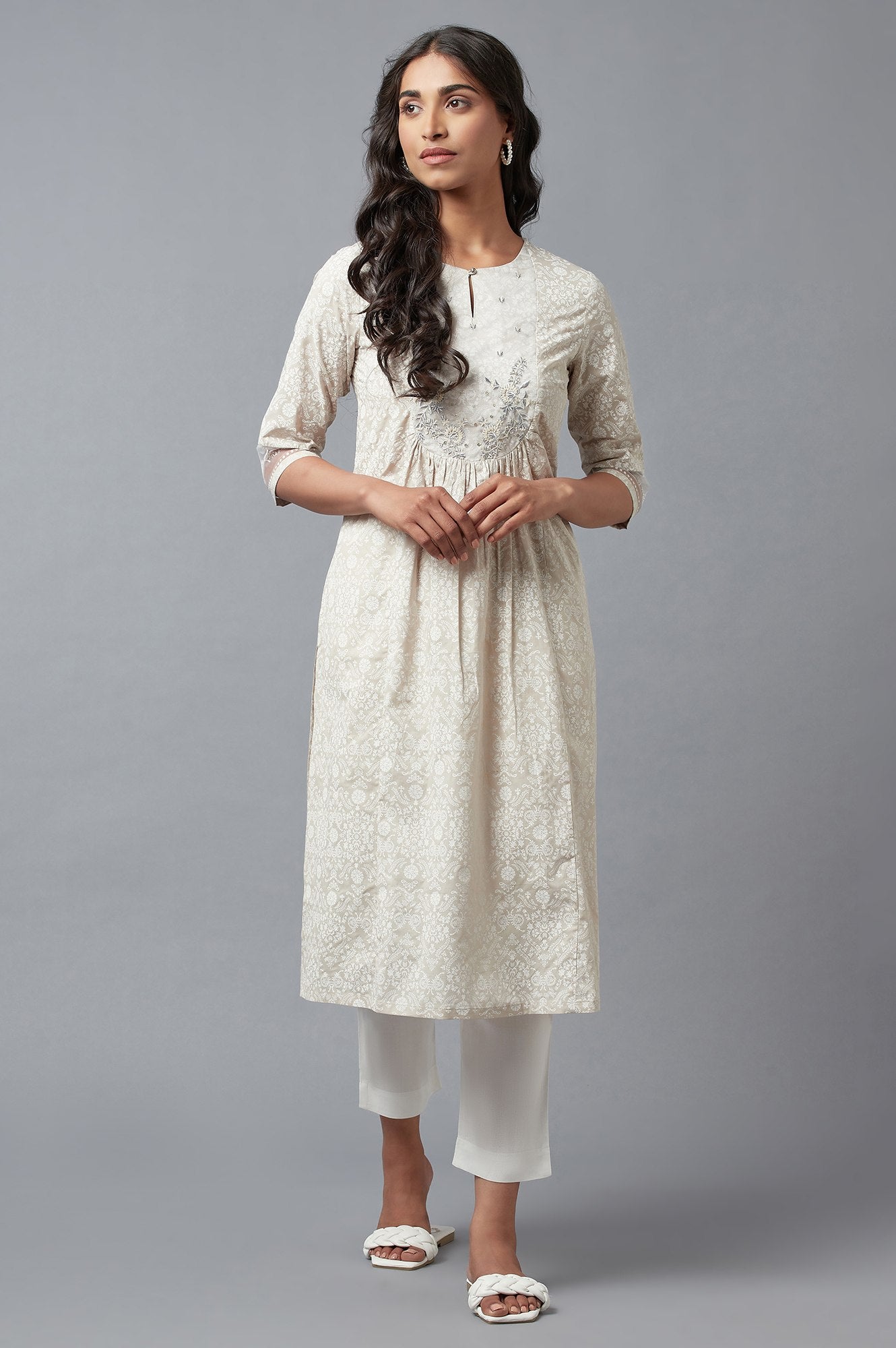 Ecru Printed kurta With Embroidery