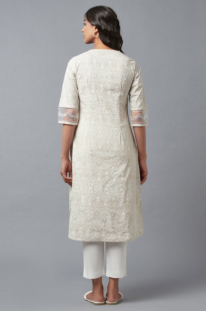 Ecru Printed kurta With Embroidery