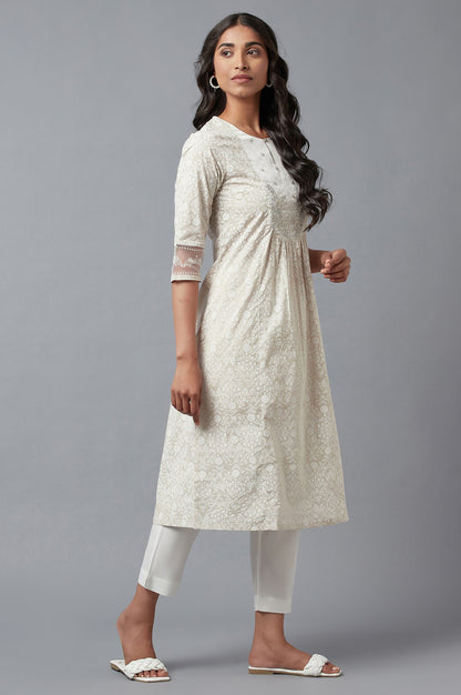 Ecru Printed kurta With Embroidery