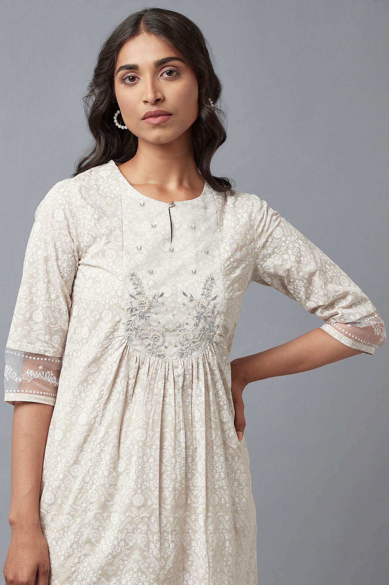 Ecru Printed kurta With Embroidery