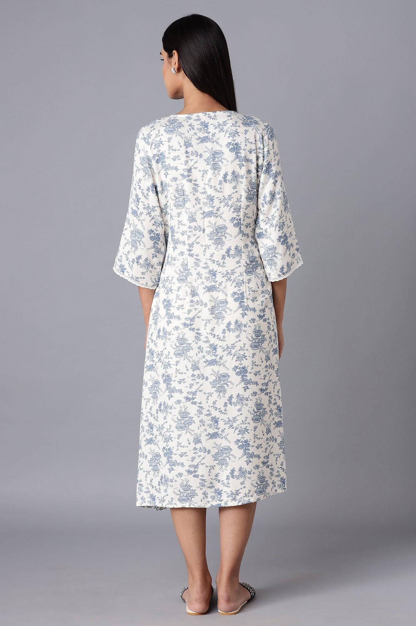 White and Blue Printed Midi Dress - wforwoman