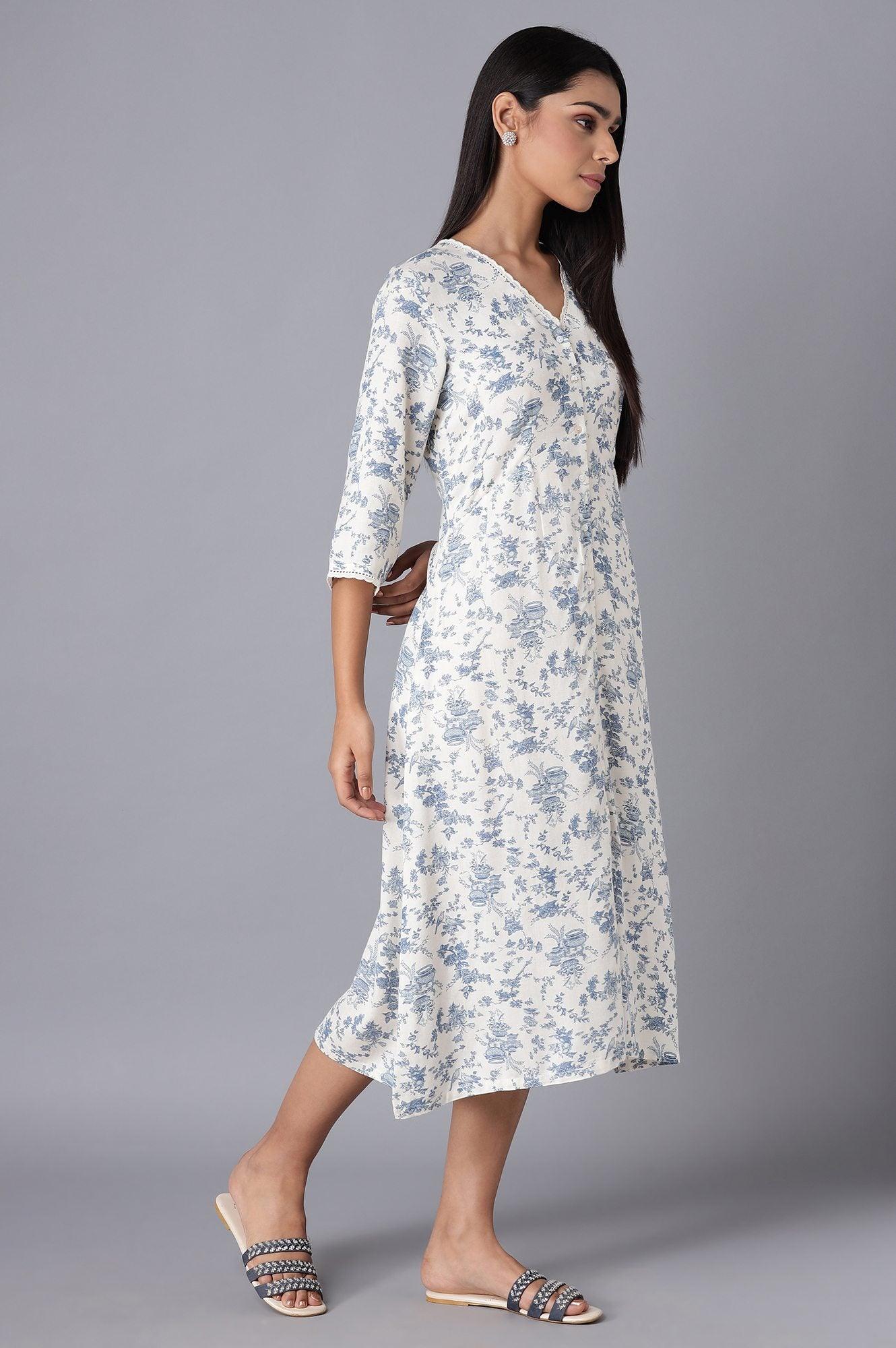 White and Blue Printed Midi Dress - wforwoman