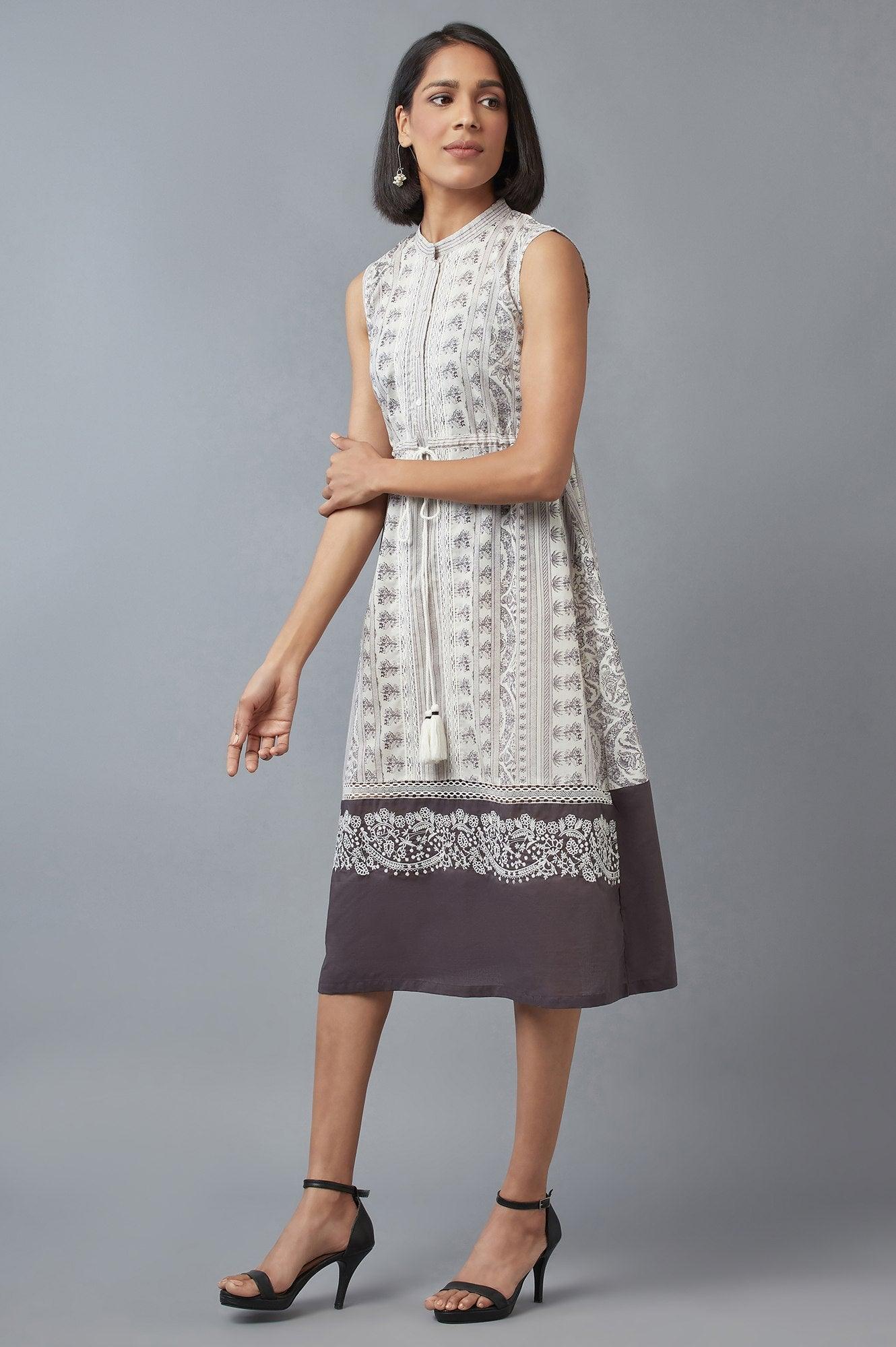Prestine White and Opal Grey Printed Dress - wforwoman