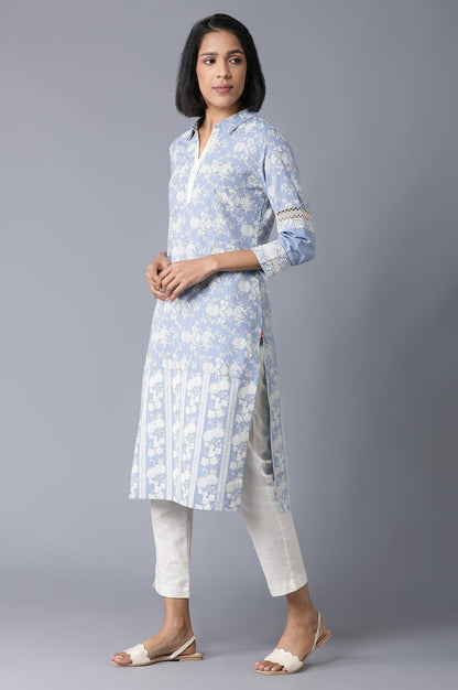 Chambray Blue Floral Printed kurta - wforwoman