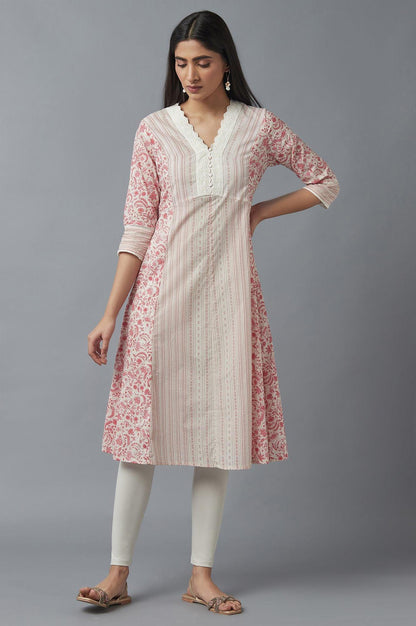 Ecru and Red A-line kurta - wforwoman