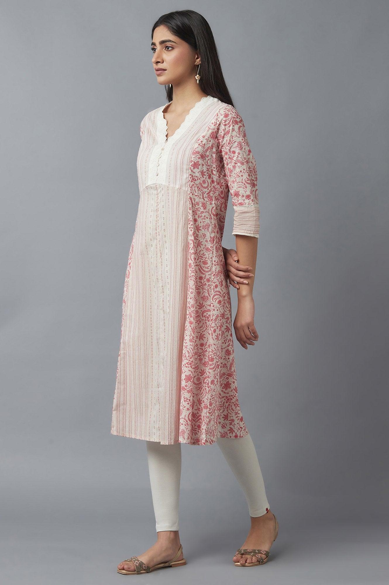 Ecru and Red A-line kurta - wforwoman