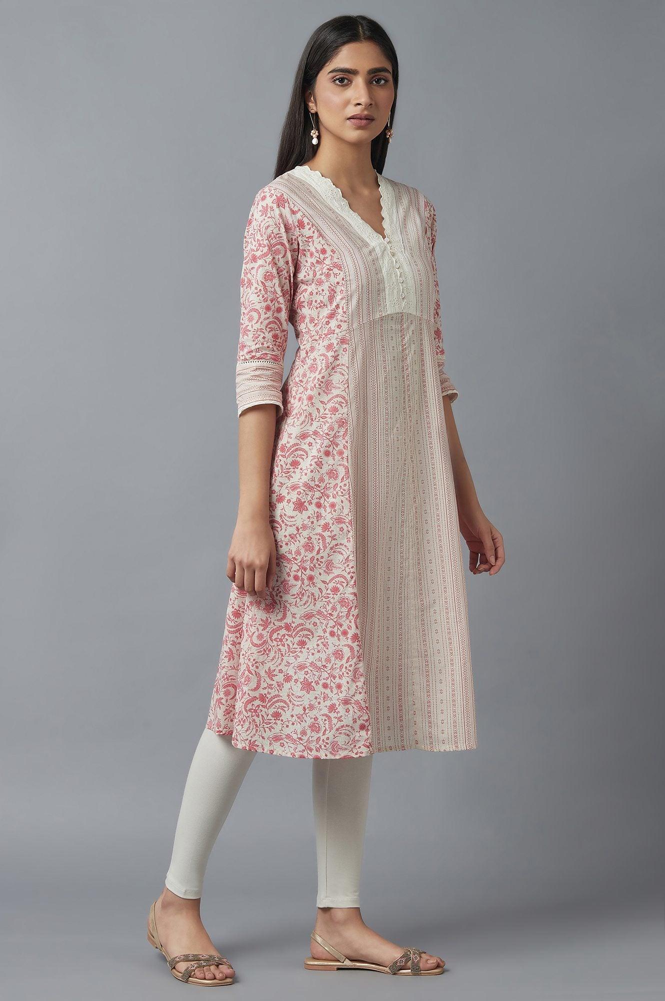 Ecru and Red A-line kurta - wforwoman