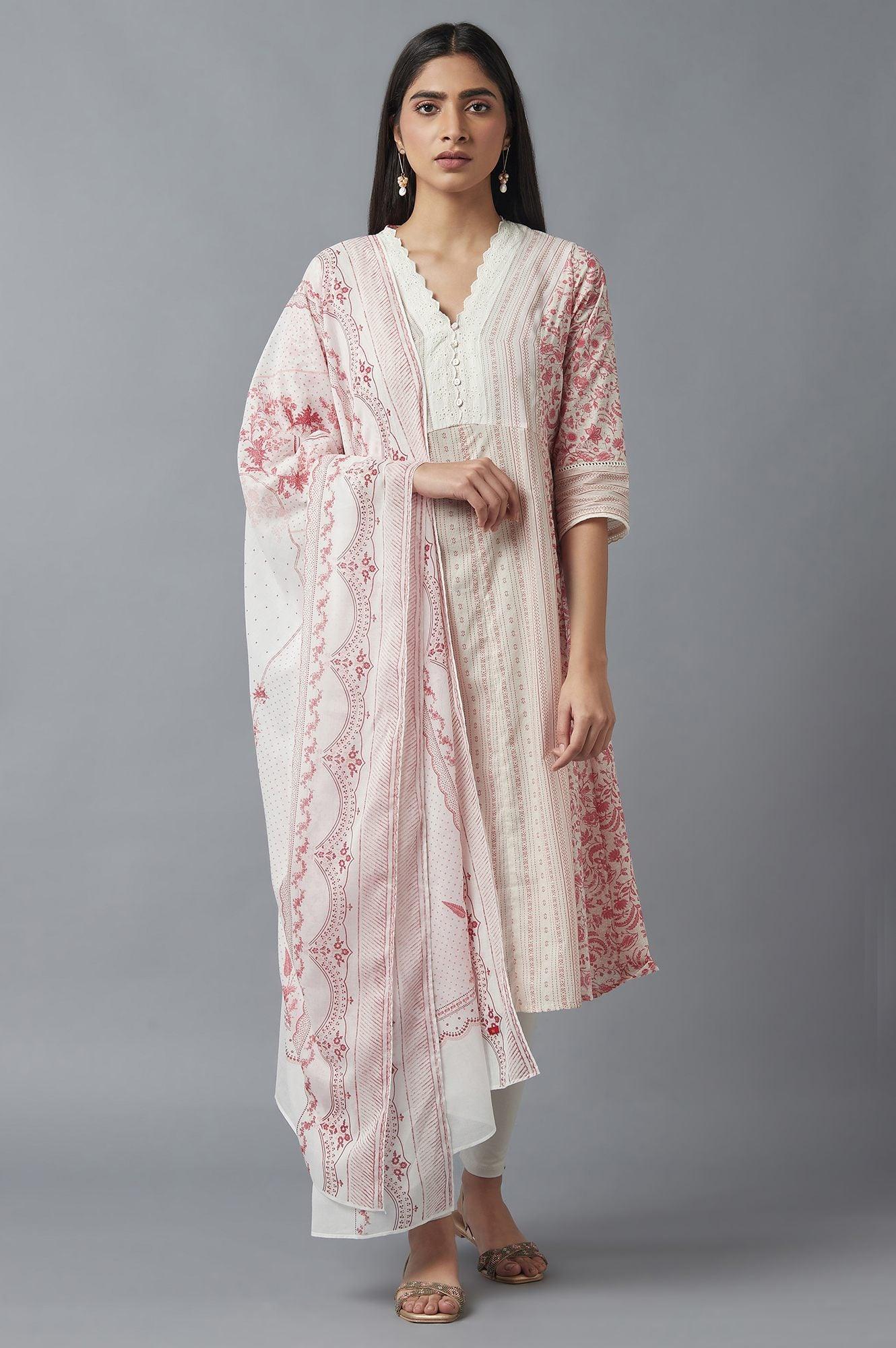 Ecru and Red A-line kurta - wforwoman