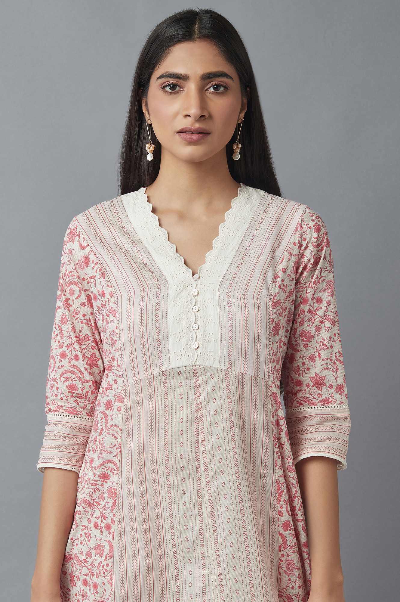 Ecru and Red A-line kurta - wforwoman