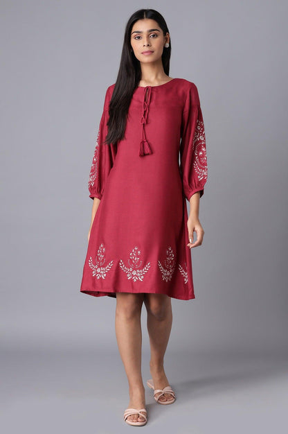 Deep Red Embroidered Dress - wforwoman
