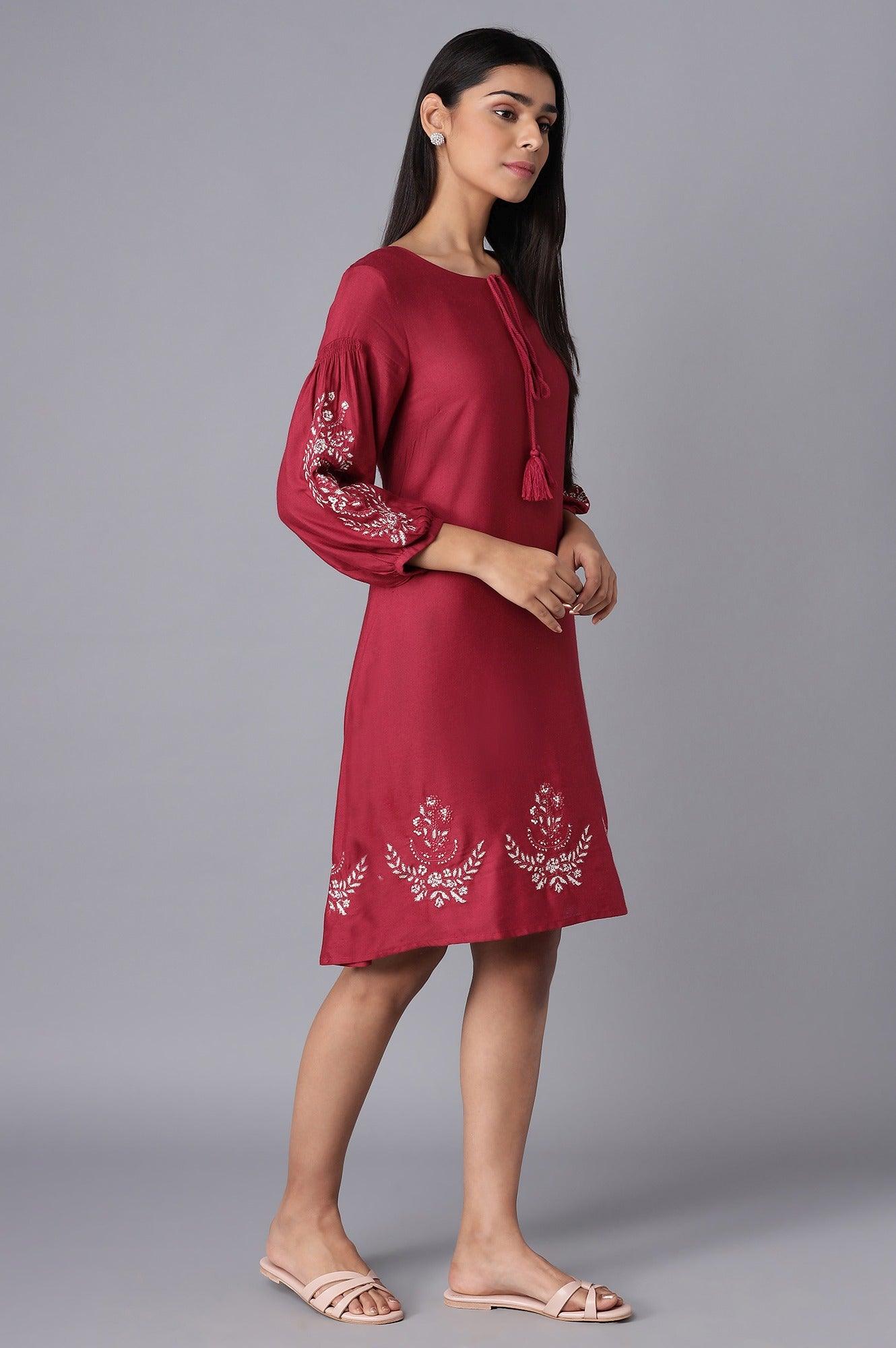Deep Red Embroidered Dress - wforwoman
