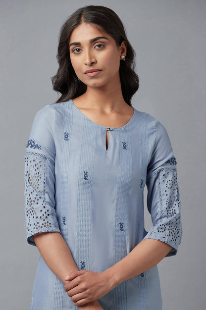Chambray Blue Embroidered kurta - wforwoman