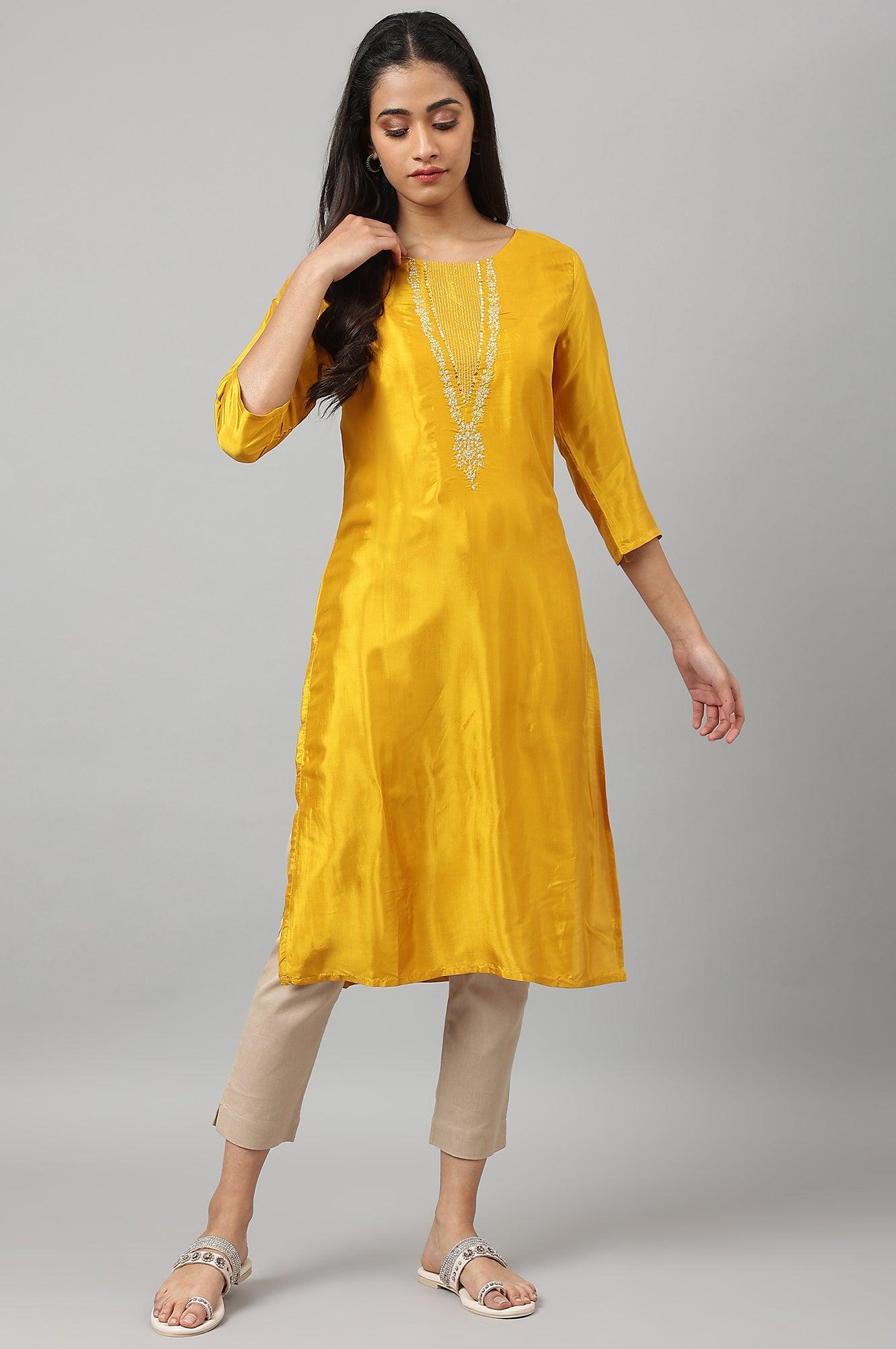 Yellow Embroidered Festive kurta - wforwoman